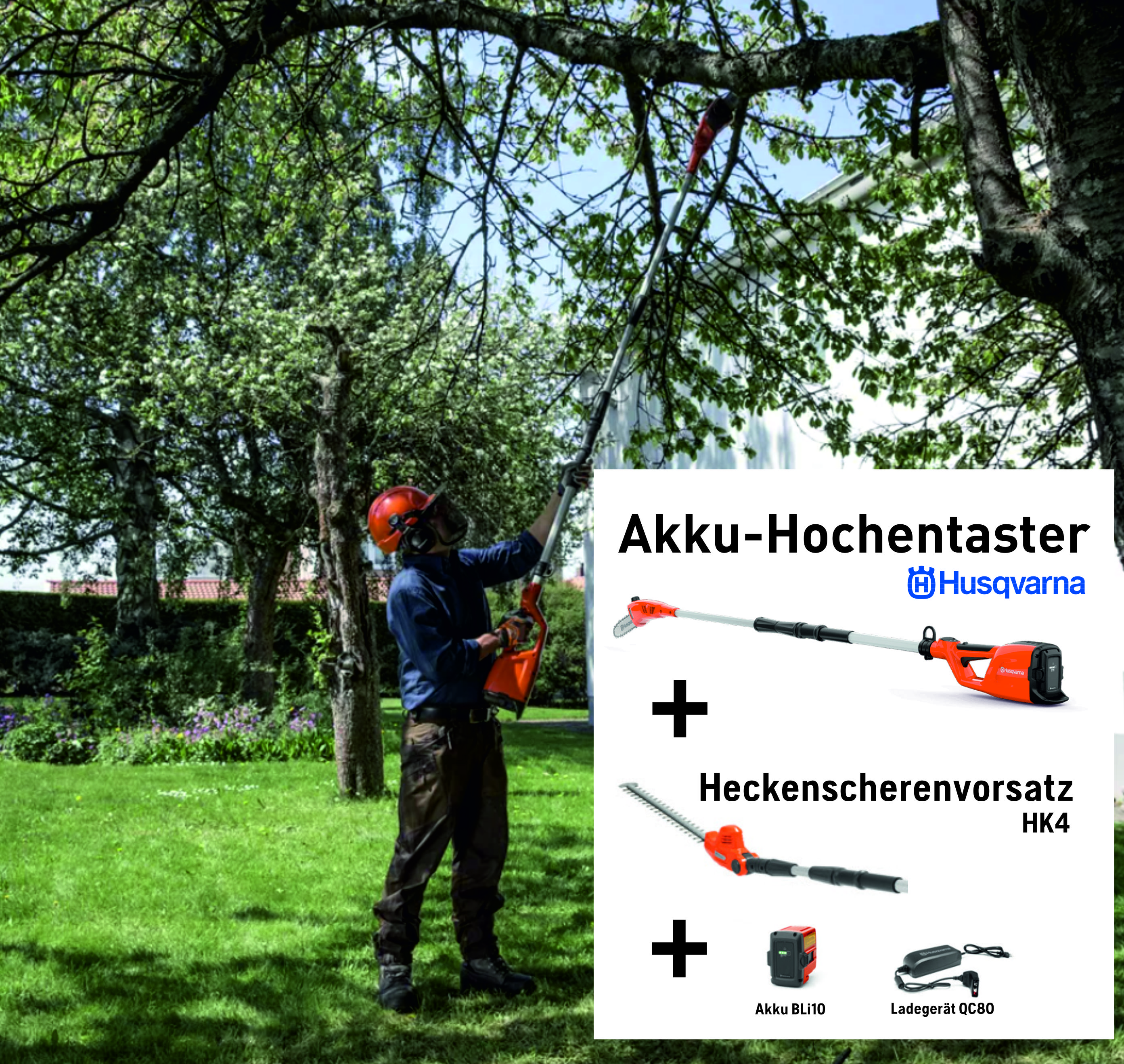 Akku Hochentaster 120iTK4-PH mit  Heckenscherenvorsatz + Akku BLi10 +  Ladegerät QC80